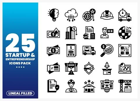 A collection of lineal filled startup and entrepreneurship icons on a blue .. Ilustración de archivo
