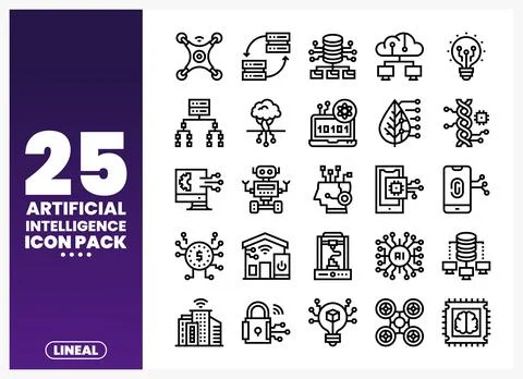 A collection of lineal icons representing artificial intelligence concepts .. Stock Illustration