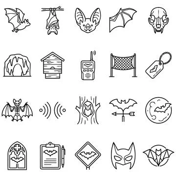 Collection of linear bat icons featuring biology and halloween study themes Illustration