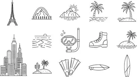 Collection of linear black and white illustrations showing travel destination Stock Illustration