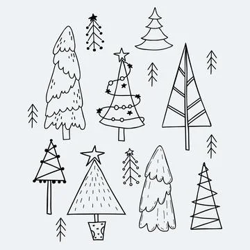 Collection linear of Christmas trees. Various trees, with garland, simple and Stock Illustration