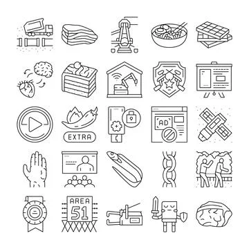 Collection of linear icons picturing technology, food and business concepts Stock Illustration