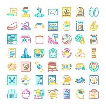 Collection of linear icons representing diverse concepts and symbols Stock Illustration