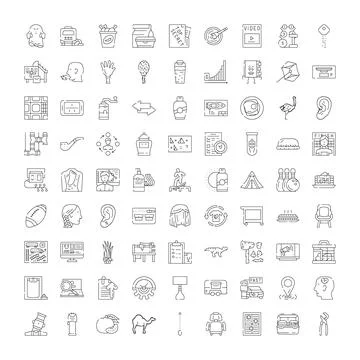 Collection of linear icons representing diverse concepts and objects Stock Illustration