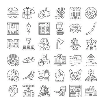 Collection linear icons representing diverse science and technology concepts Stock Illustration