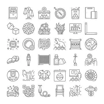 Collection of linear icons representing diverse concepts Ilustración de archivo