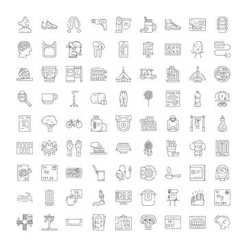 Collection of linear icons representing everyday objects and concepts Stock Illustration