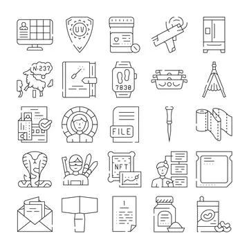 Collection of linear icons representing technology and digital concepts Stock Illustration