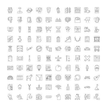 Collection of linear icons representing various concepts and objects Stock Illustration