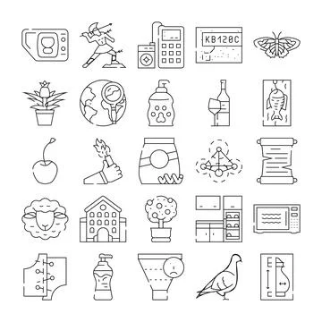 Collection of linear icons representing various objects and concepts Ilustración de archivo