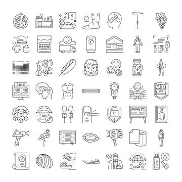 Collection of linear icons representing various concepts and themes Stock Illustration