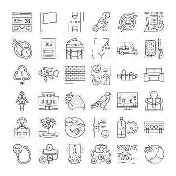 Collection of linear icons representing various concepts and objects Stock Illustration