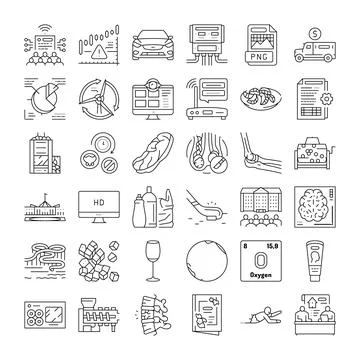 Collection of linear icons for various concepts and themes Stock Illustration