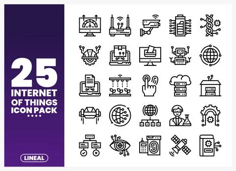 Collection of linear Internet of Things icons in a white grid on a purple b.. Stock Illustration