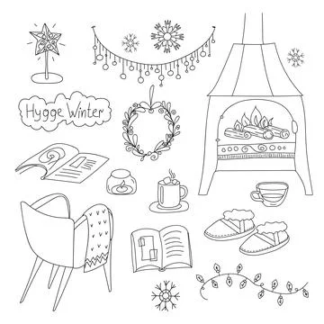 Collection of linear objects of the cozy home Hyugge Winter Decorations Stock-Illustration