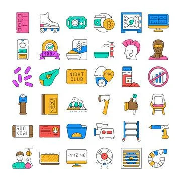 Collection of linear vector icons illustrating diverse concepts Stock Illustration