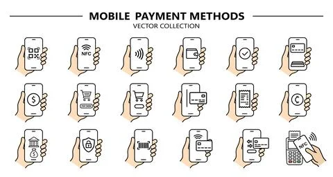Collection of linear vector icons representing modern mobile payment method.. Stock Illustration
