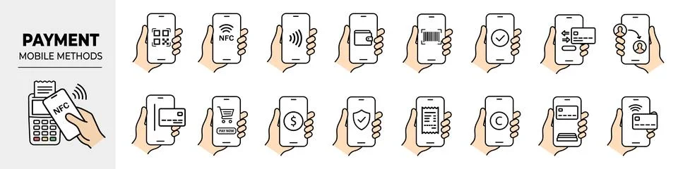 Collection of linear vector icons representing modern mobile payment method.. Stock Illustration