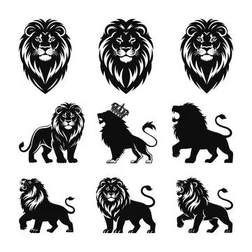 Collection of lion silhouette vector, Lion Head and Silhouette Collection Stock Illustration