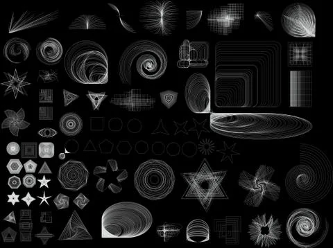 Collection of lots of different abstract shapes. black and white image. these Illustrazione stock
