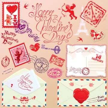 Collection of love mail design elements - stamps, envelops, postcard - valent Stock Illustration