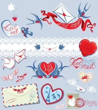 Collection of love mail design elements - birds, envelops, hearts, calligraph Stock Illustration