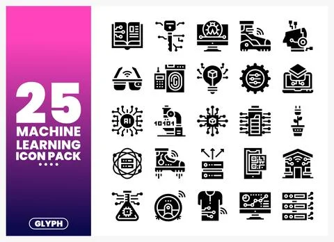 Collection of machine learning and AI icons in glyph style on a gradient ba.. Stock Illustration