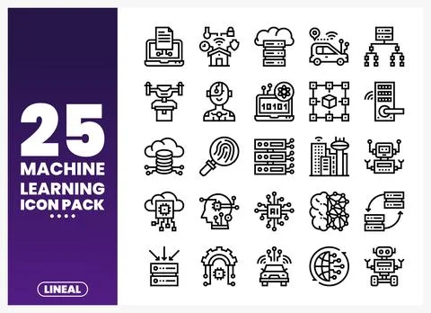 Collection of machine learning and artificial intelligence icons on white b.. Stock Illustration