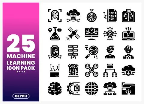 Collection of machine learning glyph icons for technology and data science. Stockillustratie