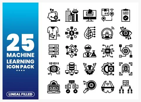 Collection of machine learning icons in lineal filled style on a blue and w.. Stock Illustration