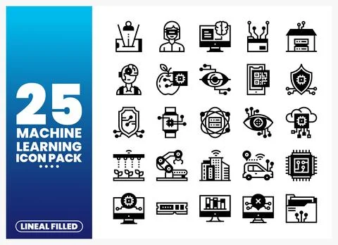 Collection of machine learning icons in a linear filled style on a blue gra.. Stockillustratie