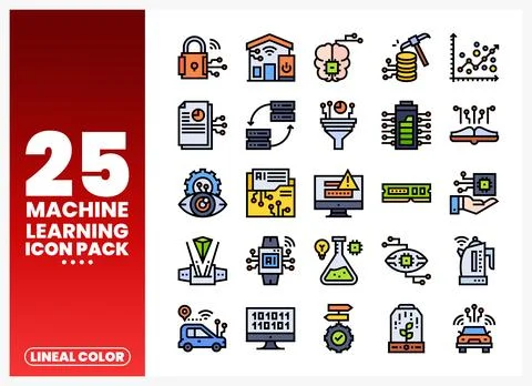 Collection of machine learning icons with a red gradient background Stock Illustration