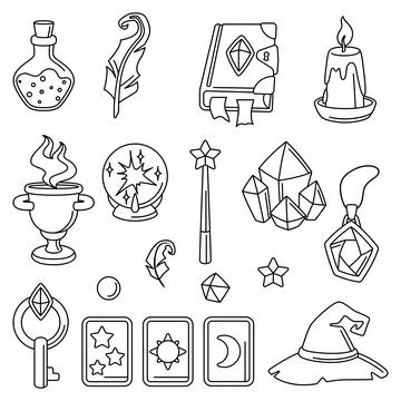 Collection of magic items. Witchcraft alchemy mystery elements. Stock Illustration
