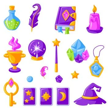 Collection of magic items. Witchcraft alchemy mystery elements. Stock Illustration