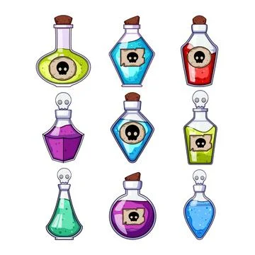 Collection of magic potion bottles with skull labels Stock Illustration