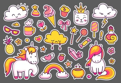 Collection of magic stickers with unicorn. Illustrazione stock