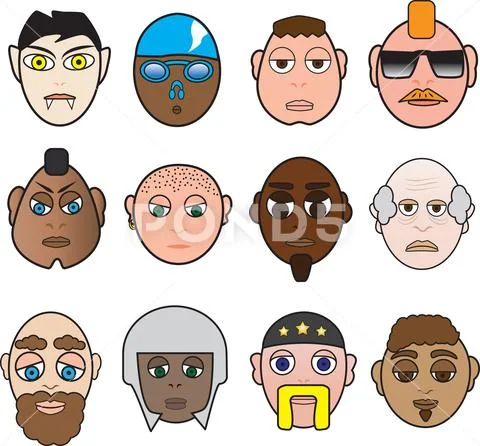 Collection of Male Vector Faces, Goth, Vampire, Swimmer, Punk, Stock Illustration