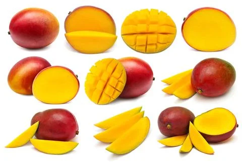 Collection mango fruit whole, half, slice and cubes isolated on white backg.. Stock Photos