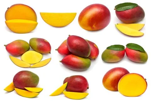 Collection mango fruit whole, half, slice and cubes isolated on white backg.. Stock Photos