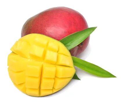 Collection mango whole and cubes with leaves isolated on white background Stock Photos