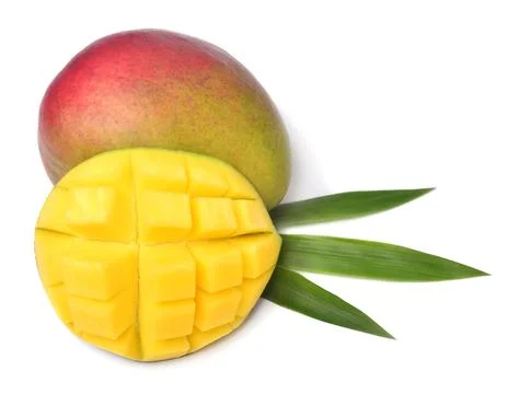 Collection mango whole and cubes with leaves isolated on white background Stock Photos