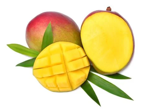Collection mango whole, cubes and half with leaves isolated on white backgrou Stock Photos