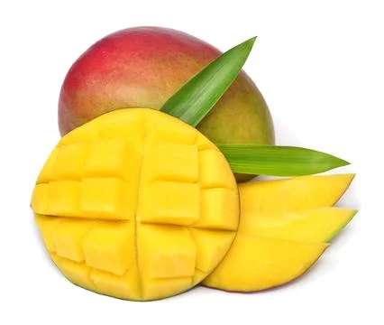 Collection mango whole, cubes and sliced with leaves isolated on white back.. Stock-Fotos