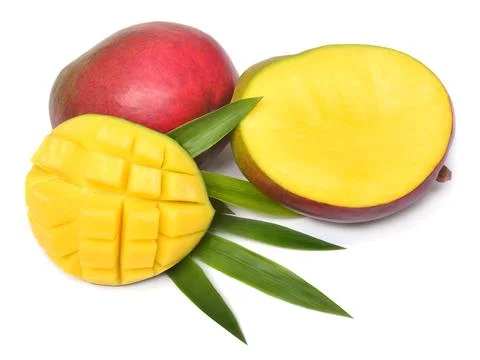 Collection mango whole, cubes and sliced with leaves isolated on white back.. Фото