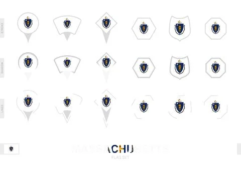 Collection of the Massachusetts flag in different shapes and with three dif.. Stock Illustration