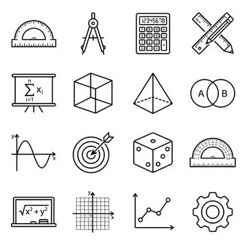Collection of math and science icons including protractor, compass, calcula.. Illustrazione stock
