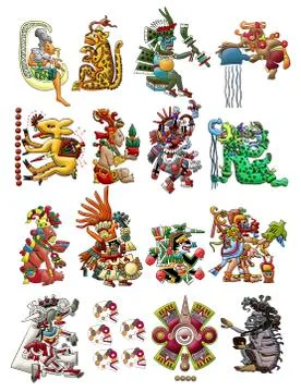 Collection of Mayan, Aztec deities isolated on white. Stock Illustration