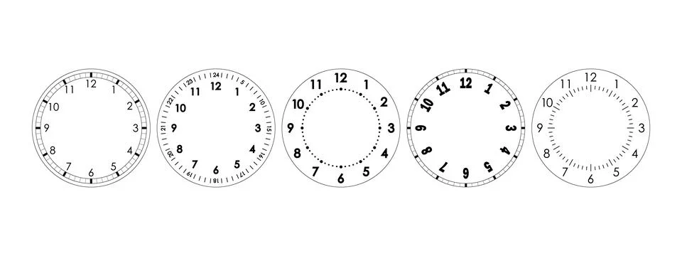 Collection of mechanical clock face templates with roman numerals and vintage Stock Illustration