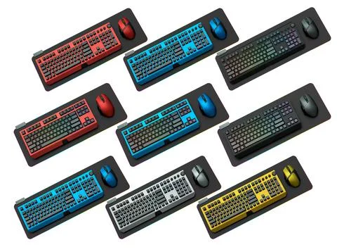 Collection of mechanical keyboards and mouse isolated on white background w.. Illustrazione stock