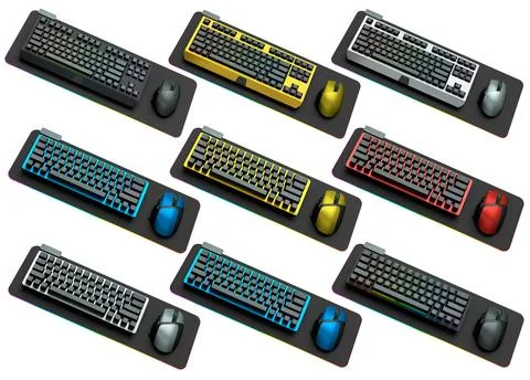 Collection of mechanical keyboards and mouse isolated on white background w.. Stock Illustration